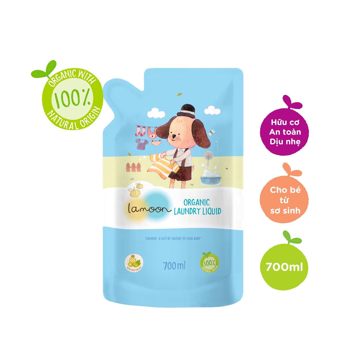 COMBO 2 Túi Nước giặt đồ sơ sinh Organic Lamoon 700ml TẶNG 1 Ty Ngậm Siêu Nhẹ Cho Bé