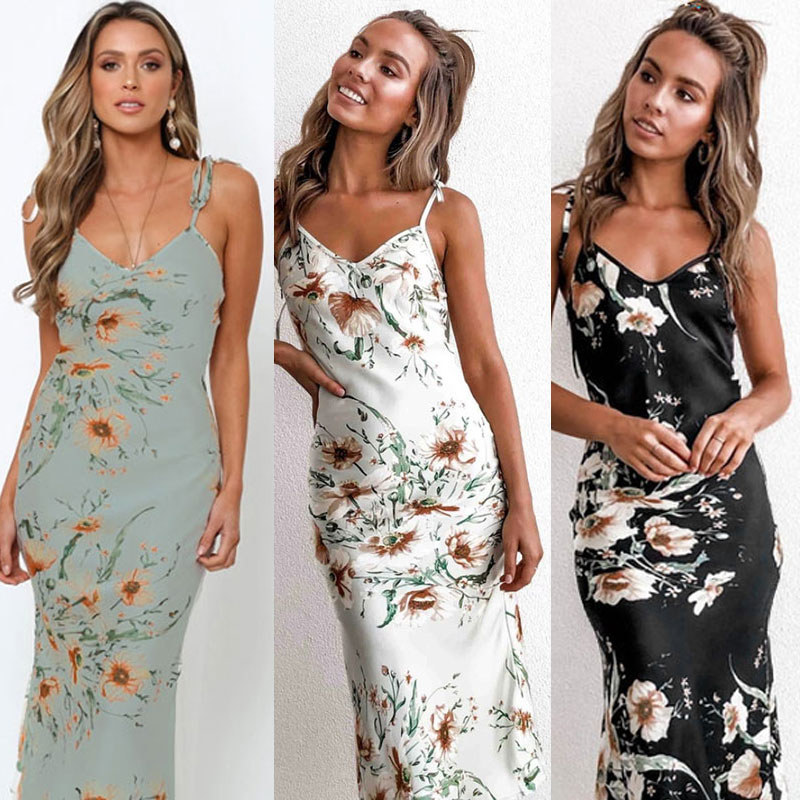 Sexy Women Floral Print Dress V Neck Straps Sleeveless Backless Bohemia Beach Vacation Dress