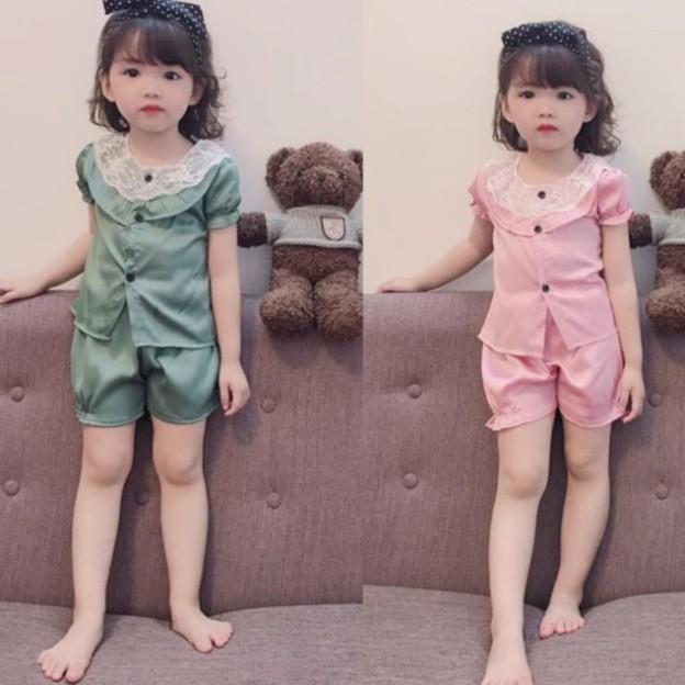 Bộ ngủ Pijama phi lụa cổ ren cho bé gái từ 8kg đến 25kg