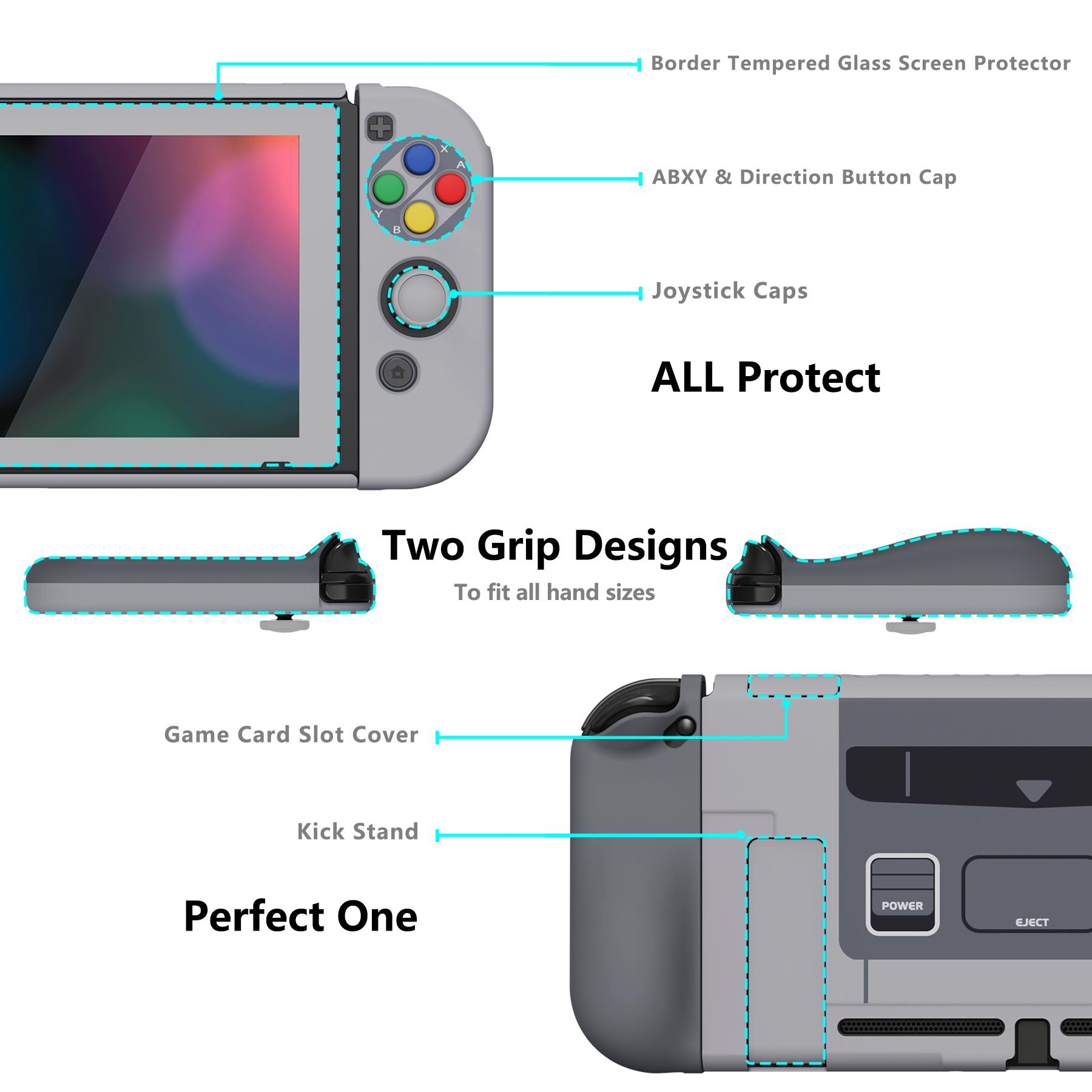 PlayVital AlterGrips SFC SNES Vỏ bọc công thái học cổ điển theo phong cách châu Âu Vỏ bảo vệ có thể gắn được cho Nintendo Switch có kẹp ngón tay cái Màu: Xám