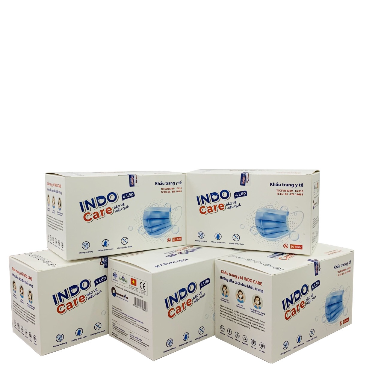 [InDoCare] Combo5 hộp Khẩu Trang Y Tế 4 lớp INDO CARE Kháng khuẩn 99%. Tiêu Chuẩn Châu Âu BS EN 14683-2019. Chống tia UV ngăn ngừa mụn khói bụi hiệu quả (Tặng 1 chai nước rửa tay 100ml).