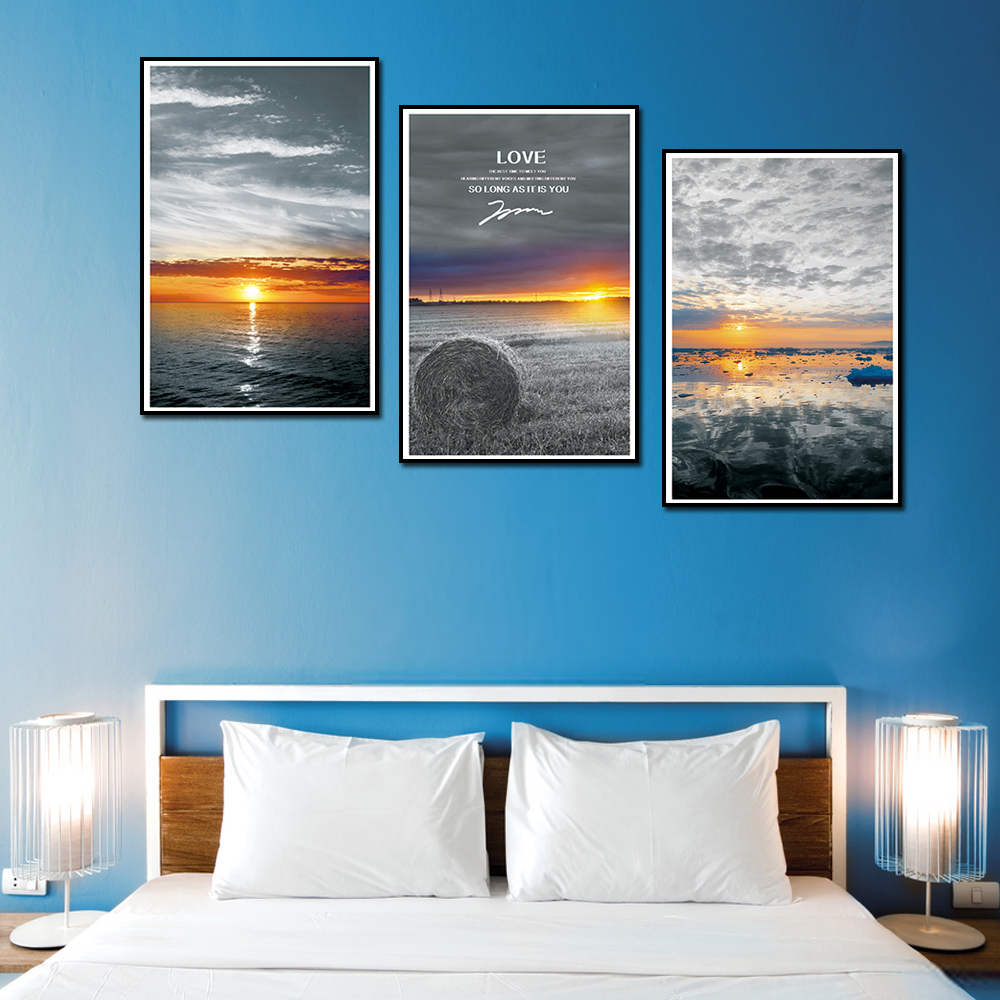 Tranh treo phòng khách, phòng ngủ - Bộ ba tranh phong cảnh hoàng hôn, vải canvas kim tuyến cao cấp, khung viền đen sang trọng - Xưởng tranh treo tường CC183