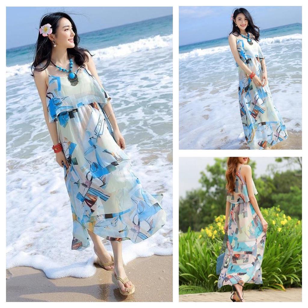 Đầm Maxi 2 Dây Dạo Phố Biển Họa tiết Thổ Cẩm Điệu Đà Xinh Xinh - BY1129