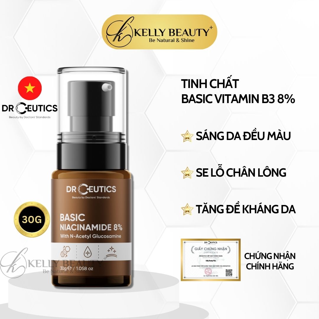 Serum Vitamin B3 8% DrCeutics - Làm Sáng Da, Cân Bằng Dầu &amp; Se Lỗ Chân Lông - Niacinamide 8% + NAG + Kẽm PCA