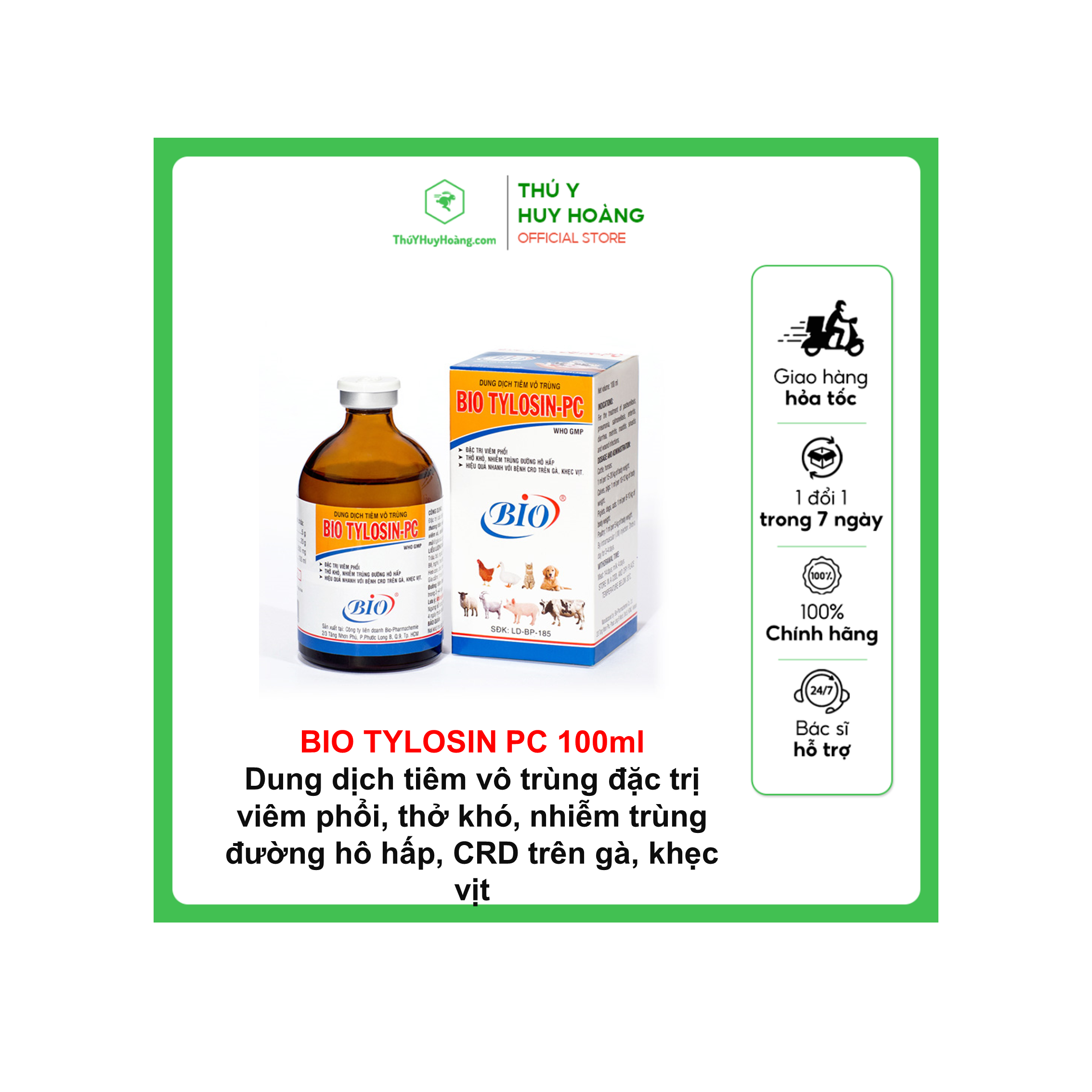 BIO TYLOSIN PC 100ml Dung dịch tiêm vô trùng chuyên viêm phổi, thở khó, nhiễm trùng đường hô hấp, CRD trên gà, khẹc vịt