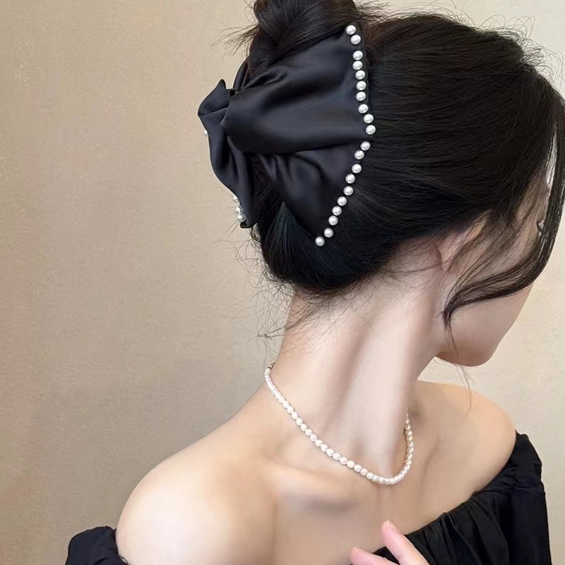 Kẹp tóc càng cua nơ màu đen đính ngọc thanh lịch, kẹp tóc nữ
