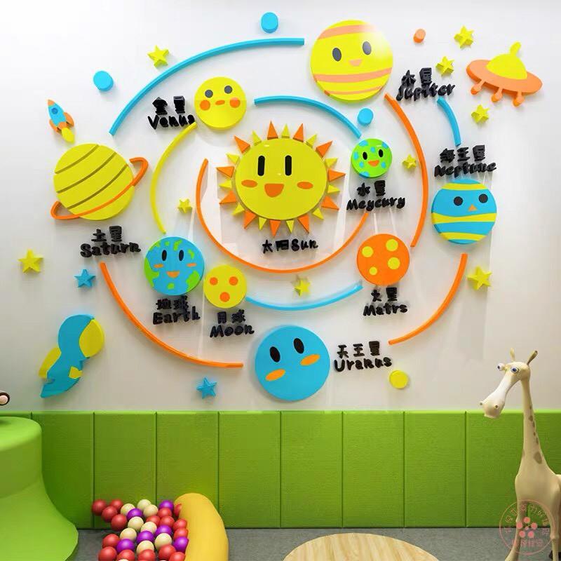 Decal dán tường mica 3D hệ mặt trời, các hành tinh, trang trí lớp học Tiếng Anh cho bé