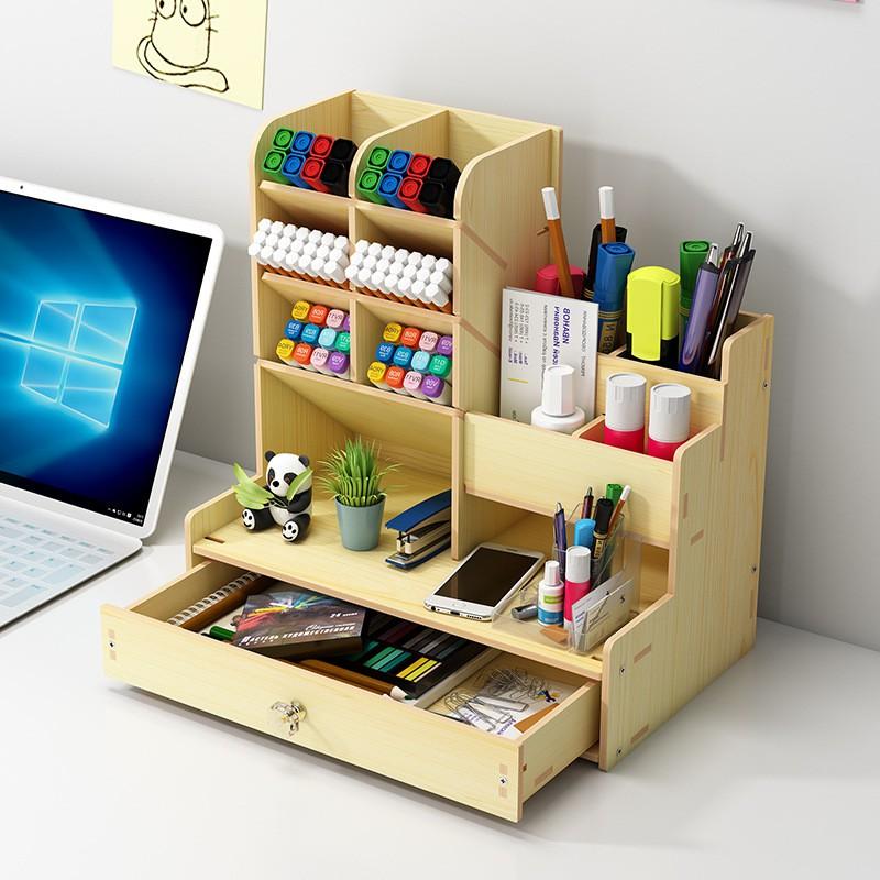 Tủ kệ gỗ B17 chứa văn phòng phẩm để bàn có ngăn kéo, Kệ bút màu để bàn, kệ để đồ dùng học tập