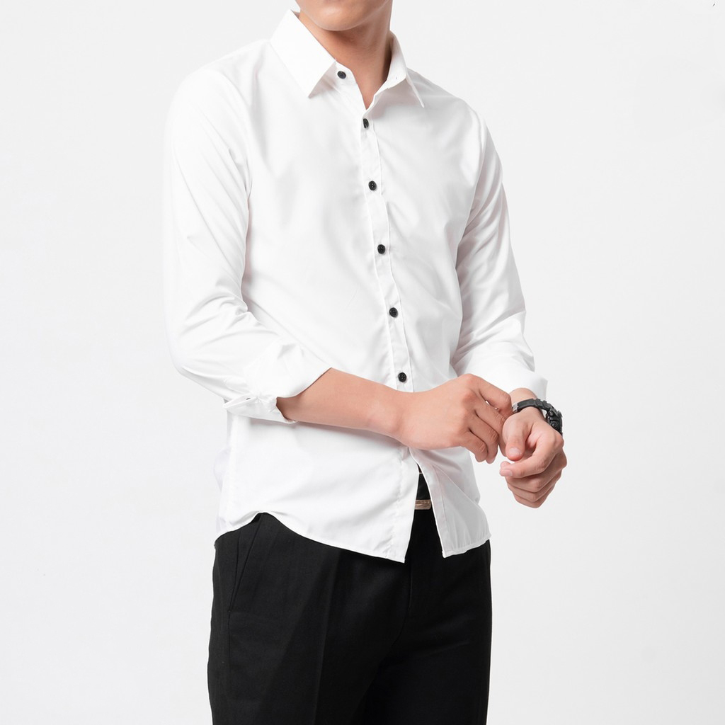 Áo Sơ Mi Nam Công Sở Hàn Quốc, Chất Liệu Cao Cấp, Thời Trang - Trắng cúc đen - XL