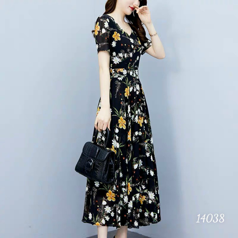 Đầm váy nữ voan midi hoa tay ngắn cổ V dự tiệc đám cưới đen cao cấp