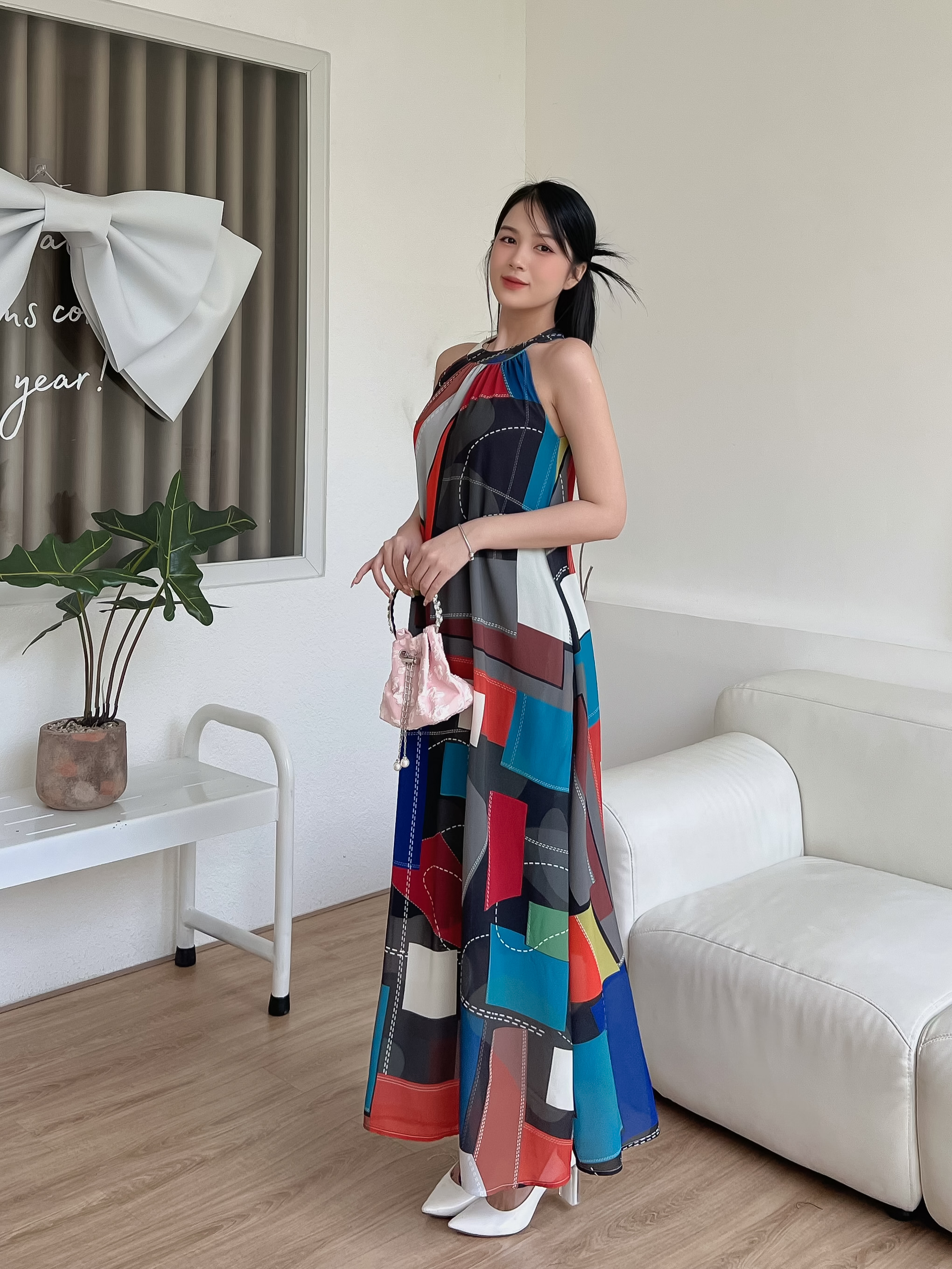 [HCM] Đầm maxi voan Hàn in họa tiết kẻ ô lập thể - MS114