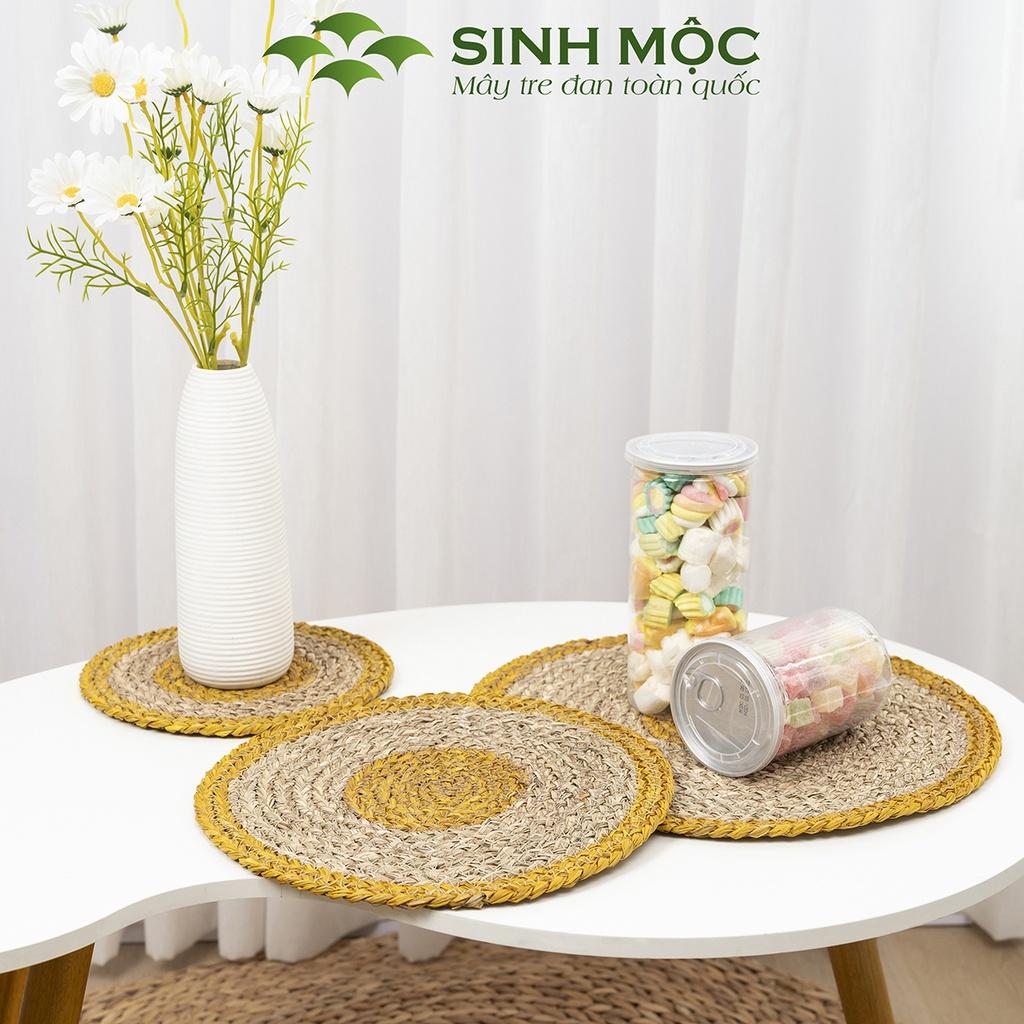 Tấm lót cói tự nhiên pha vàng, lót bàn ăn, lót ly, lót cốc, Decor chụp ảnh, tấm lót Sinh Mộc - M2002