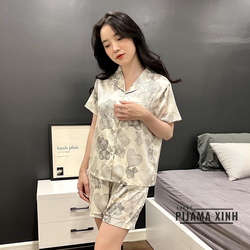 Đồ Bộ Nữ FREESHIP Bộ Đồ Ngủ Lụa pijama cộc tay mặc nhà họa tiết gấu trái tim dễ thương