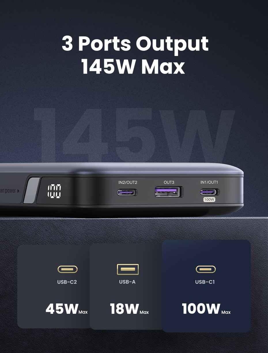 Ugreen UG27739PB205TK 25.000 mAH 145W 2c1a Sạc Dự Phòng Hỗ trợ Sạc Nhanh Hai Chiều kèm cáp c-c 0.5m - HÀNG CHÍNH HÃNG
