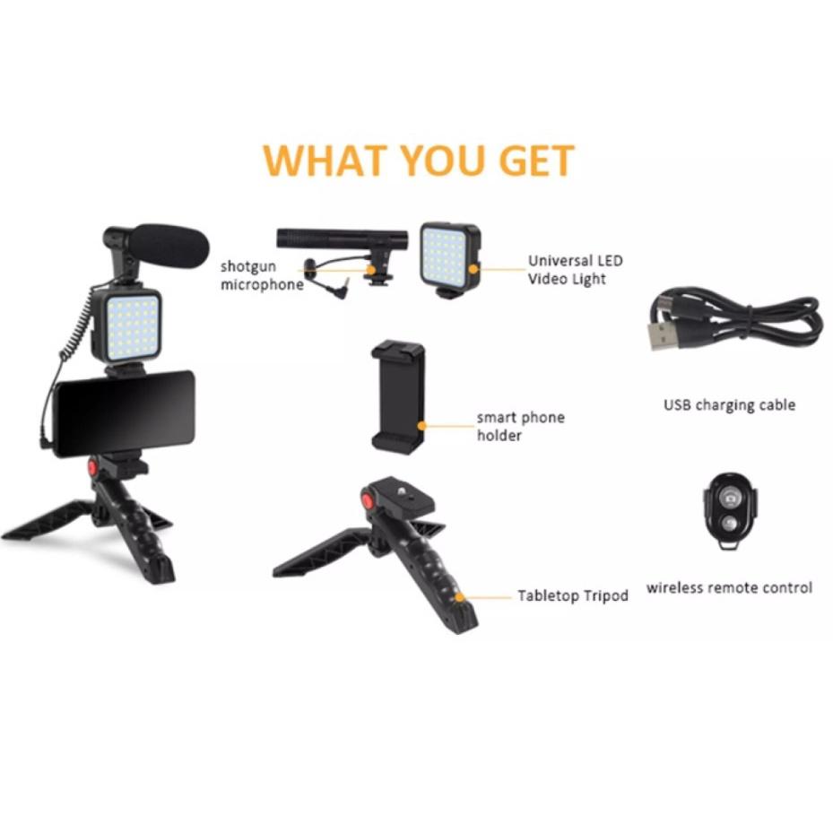 Micro + LED quay Vlog Giá đỡ chân máy ảnh, điện thoại có 49 đèn LED và báng cầm tay chống rung quay Vlog