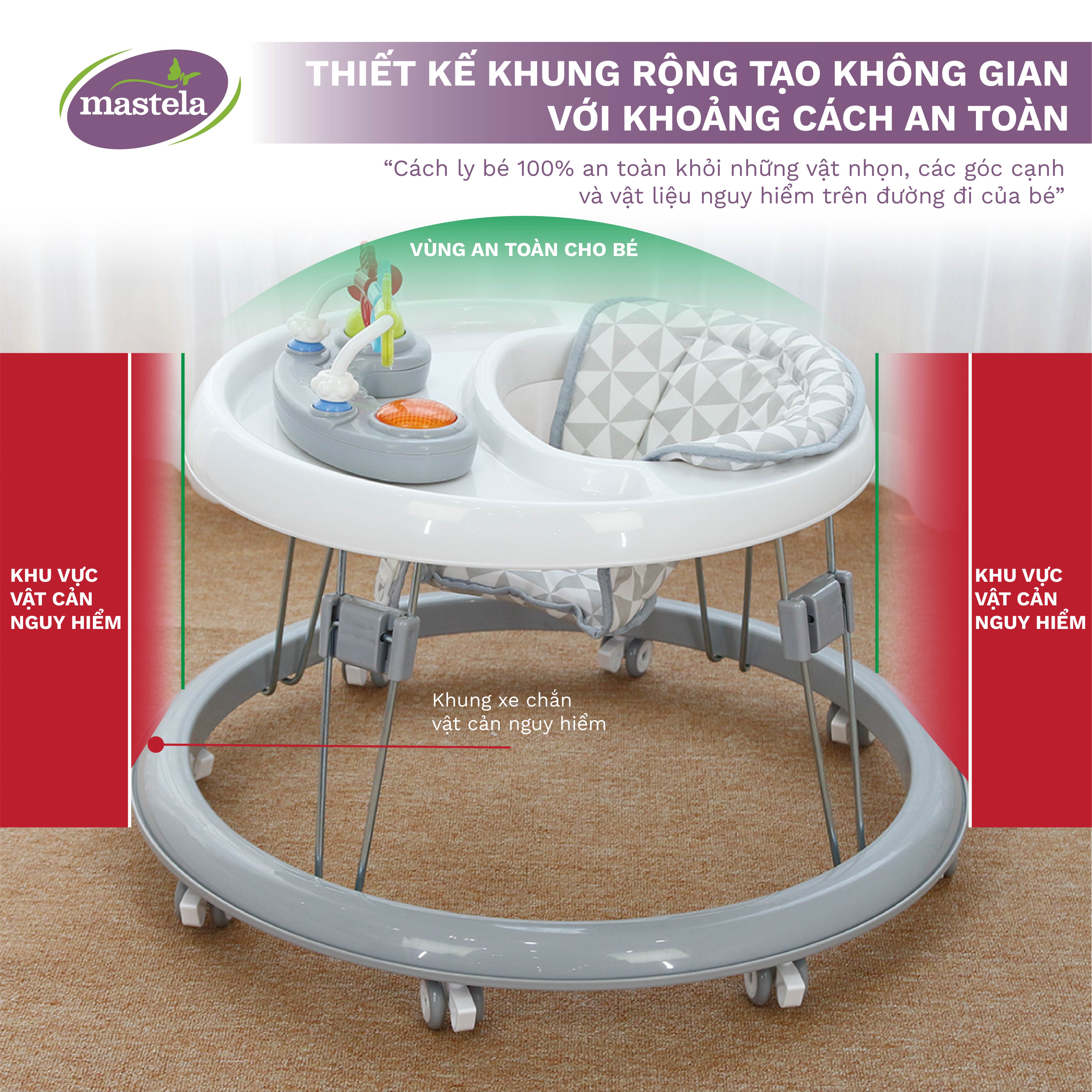 Xe tập đi cho bé có đồ chơi và nhạc Mastela W2002, bánh xe cao su hãm di chuyển theo quán tính siêu nhẹ xoay 360 độ mặt bàn ăn dặm, bánh xe silicon chống ồn - Tiêu chuẩn JIS Nhật Bản