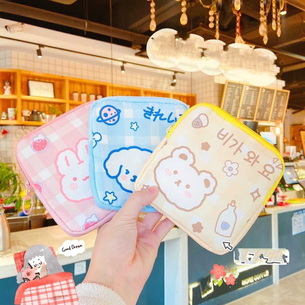 Túi đựng băng vệ sinh/tiền xu bằng nylon sức chứa lớn có khóa kéo họa tiết hoạt hình nhiều màu lựa chọn cho nữ