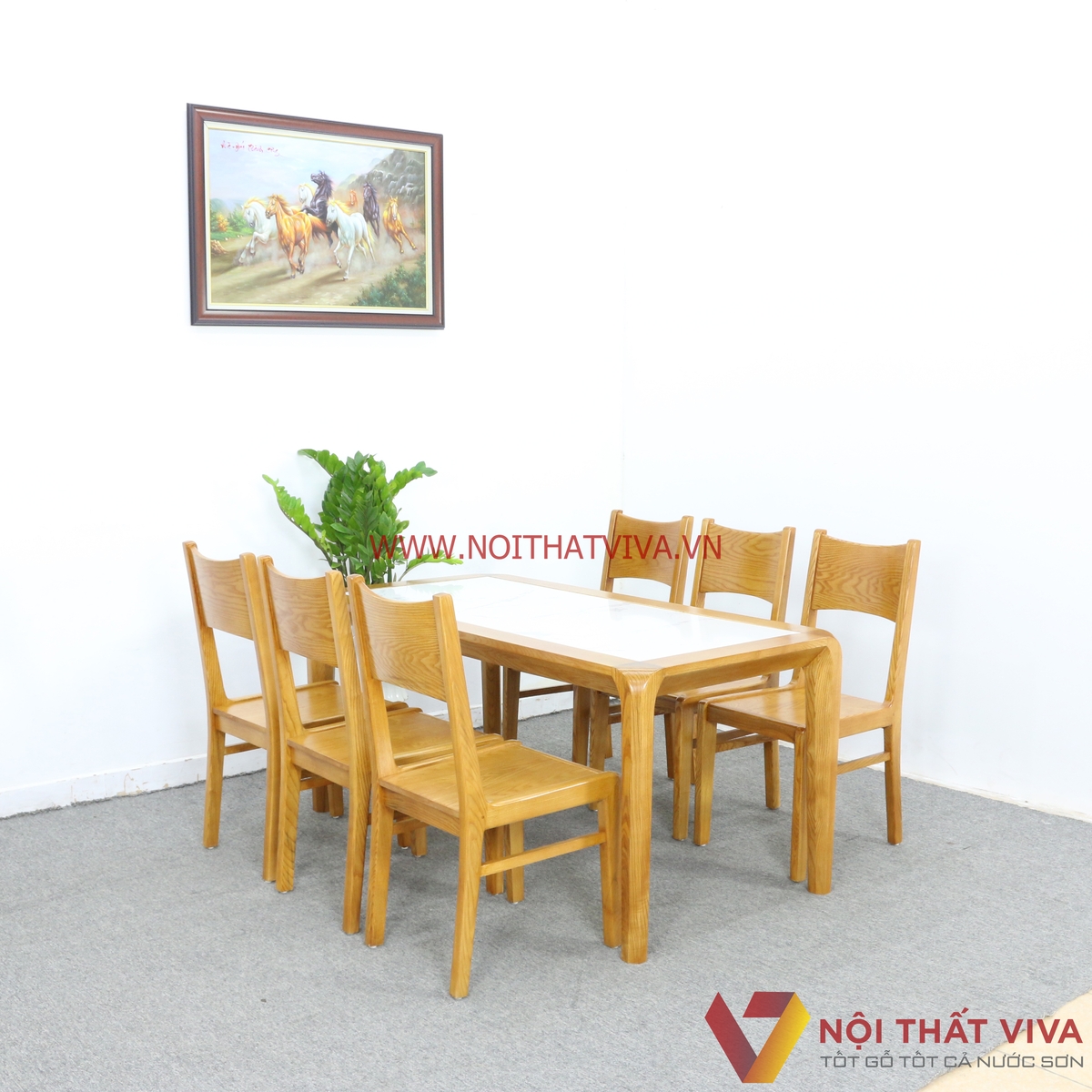 Bàn Ăn 6 Ghế Mặt Đá Lọt Gỗ Sồi Nga Màu Tự Nhiên Đẹp Hiện Đại