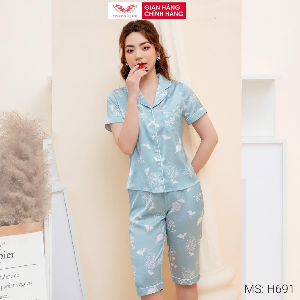 Đồ bộ nữ mặc nhà Pijama lụa Pháp VINGO tay ngắn quần lửng mặc màu Hè họa tiết chùm hoa màu xanh nhạ thanh lịch H691 VNGO