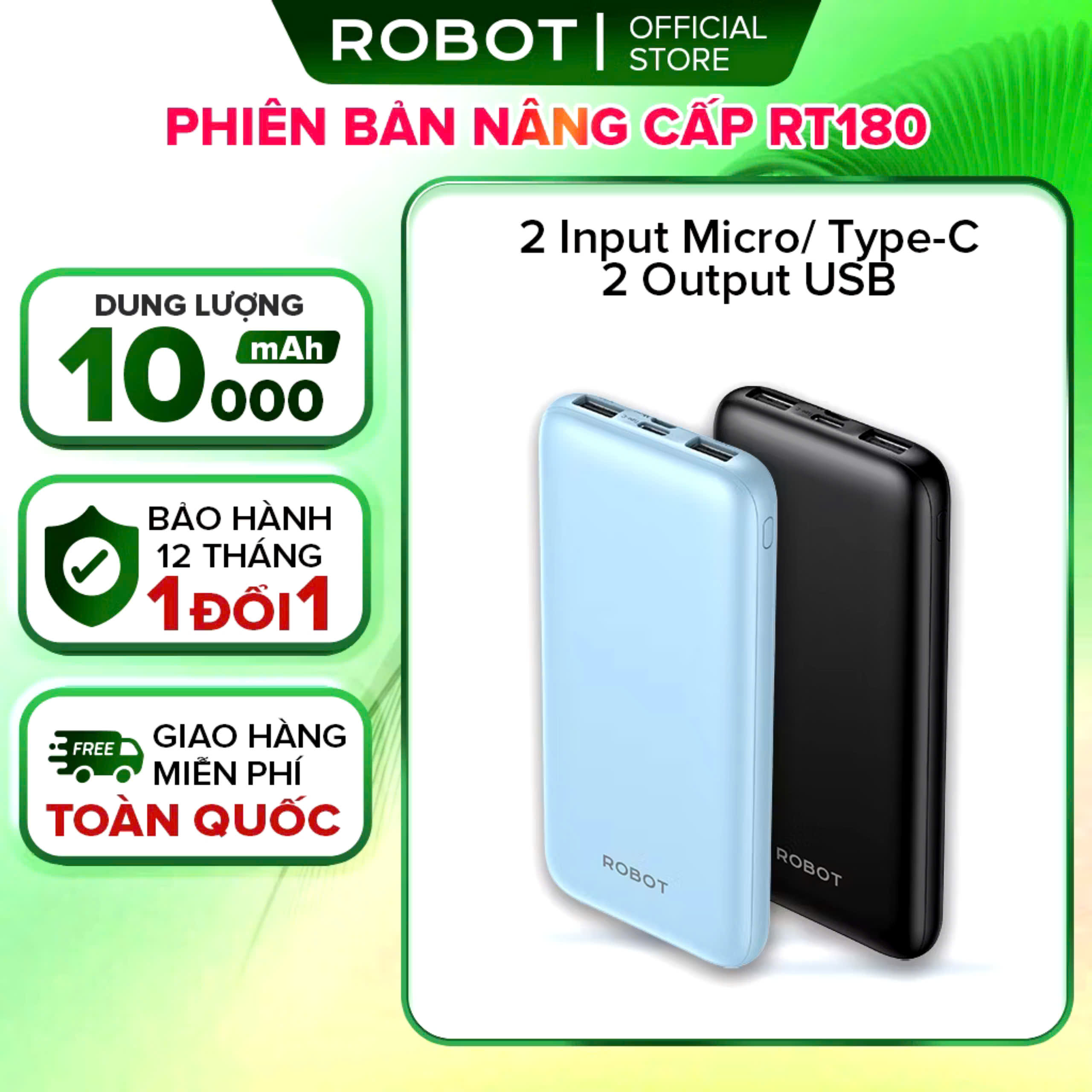 Pin Sạc Dự Phòng 10000mAh ROBOT RT180 RT12 Có 2 Cổng Sạc Ra USB &amp; 2 Cổng Sạc Vào Micro/Type-C, hàng nhập khẩu