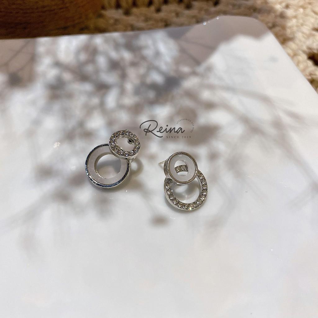 Khuyên tai nữ phong cách hàn quốc Zircon hình tròn bất đối xứng vàng ánh bạc Reina đính hạt cao cấp