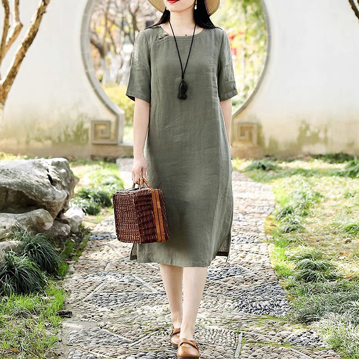 Đầm suông Linen bột Premium cổ vuông Xanh rêu trẻ trung