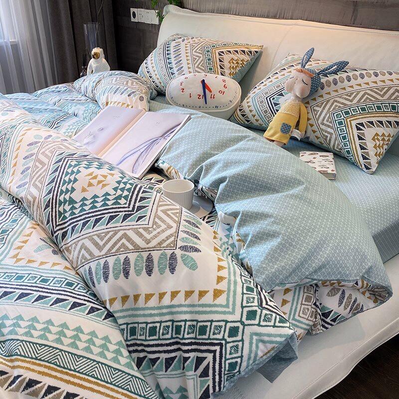 Bộ Chăn Ga Gối Cotton Living 100%cotton Hàng Nhập Khẩu Cao Cấp 4 Món Thổ Cẩm Xanh
