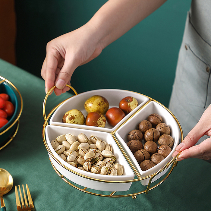 Khay mứt, hạt quả khô sứ tròn khung kim loại