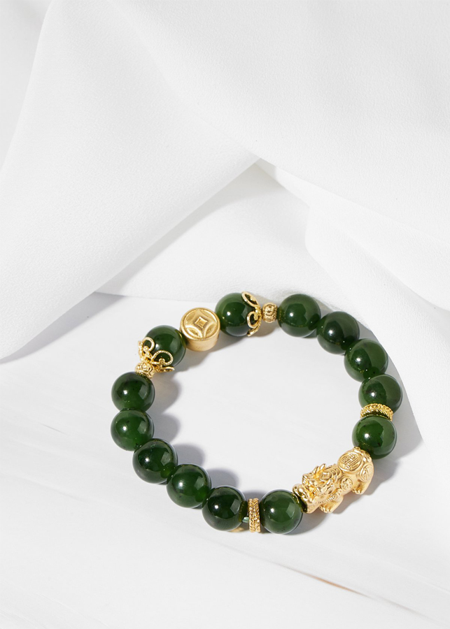 Vòng ngọc bích phối tỳ hưu bạc mạ vàng 24K Ngọc Quý Gemstones
