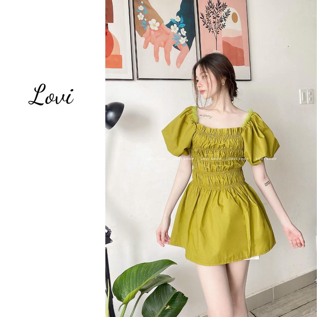 Áo kiểu nữ ngắn tay nhún ngực bẹt vai tay phồng cổ vuông LOVI