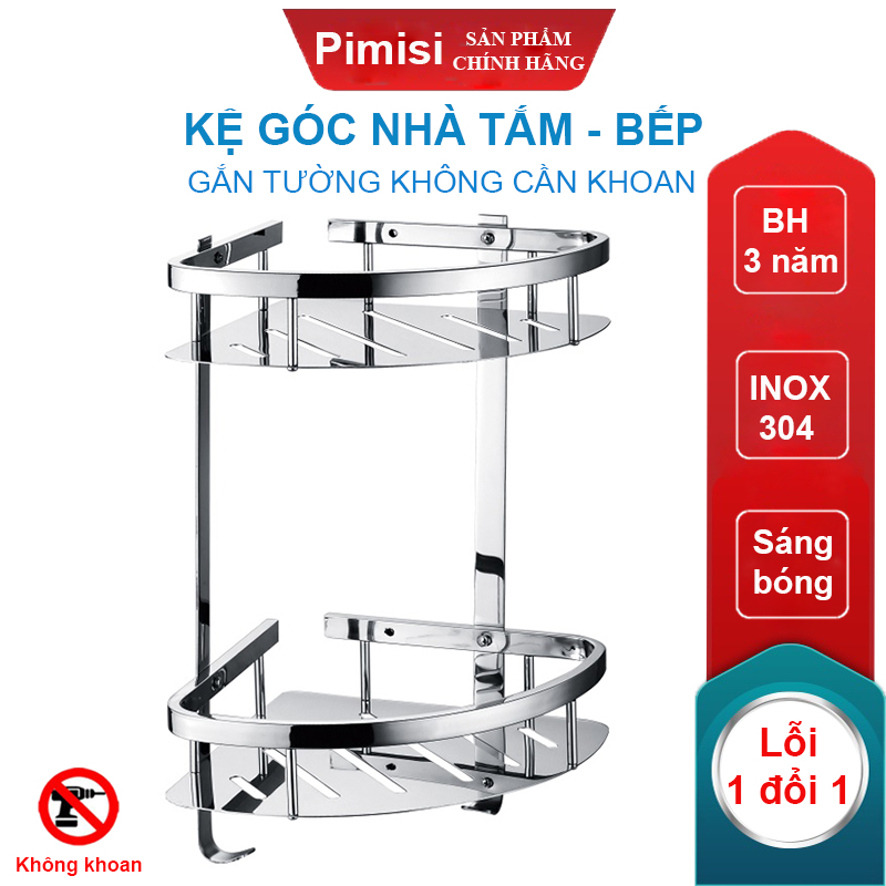 Hình ảnh Kệ góc nhà tắm để đồ gắn tường trong phòng vệ sinh không cần khoan Pimisi inox 304 hình tam giác đựng đồ trong phòng tắm hoặc kệ nhà bếp 1 - 2 tầng thông minh dán tường bằng keo siêu chắc hoặc khoan đinh vít | Hàng chính hãng