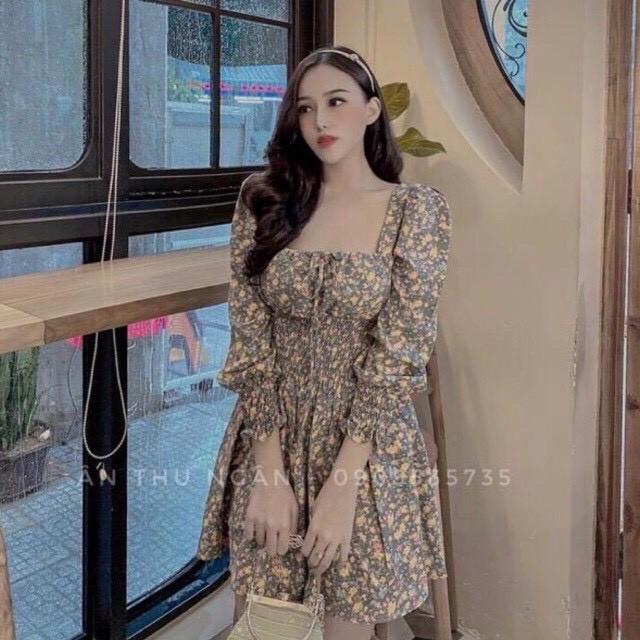 Váy hoa nhí cổ vuông tay dài chun eo hàng thiết kế cao cấp