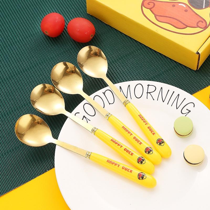 SET 6 MUỖNG THÌA INOX VỊT VÀNG DUCK CÁN DÀI DỄ THƯƠNG KÈM HỘP ĐỰNG XINH XẮN