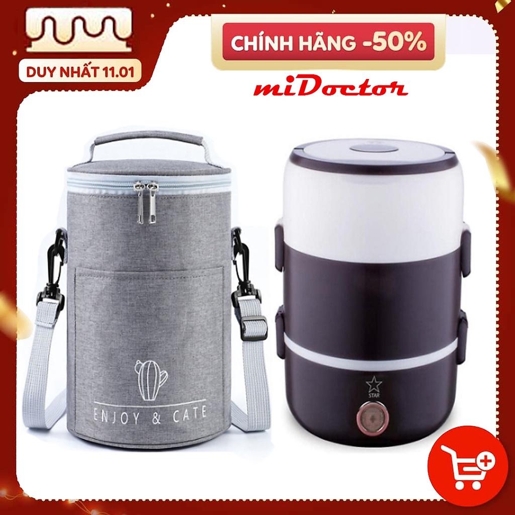 Hình ảnh Bộ hộp cơm điện giữ nhiệt 3 tầng, ruột inox cao cấp miDoctor, cà men hâm nóng thức ăn + Tặng kèm túi giữ nhiệt