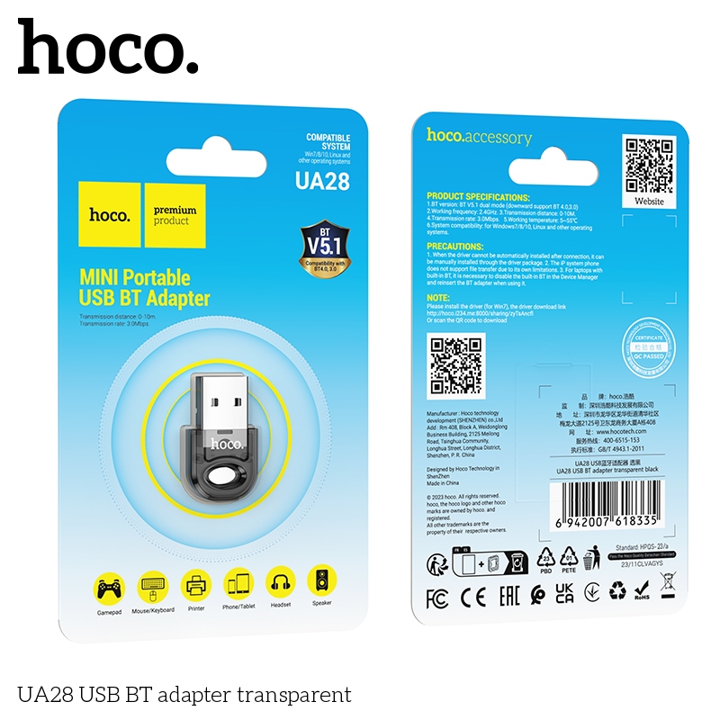 Usb bluetooth thiết bị tạo bluetooth cho máy tính Hoco UA28 bluetooth V5.1 _ Hàng chính hãng