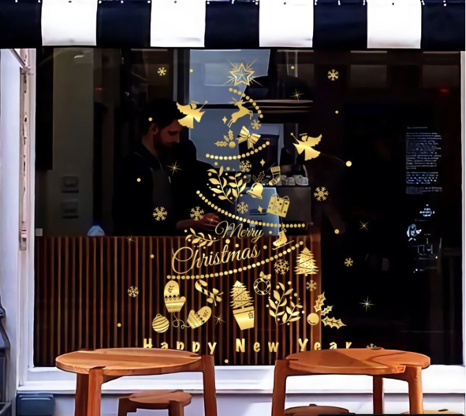 Decal trang trí Noel - Thông Phụ Kiện ánh vàng cao cấp siêu đẹp sang trọng