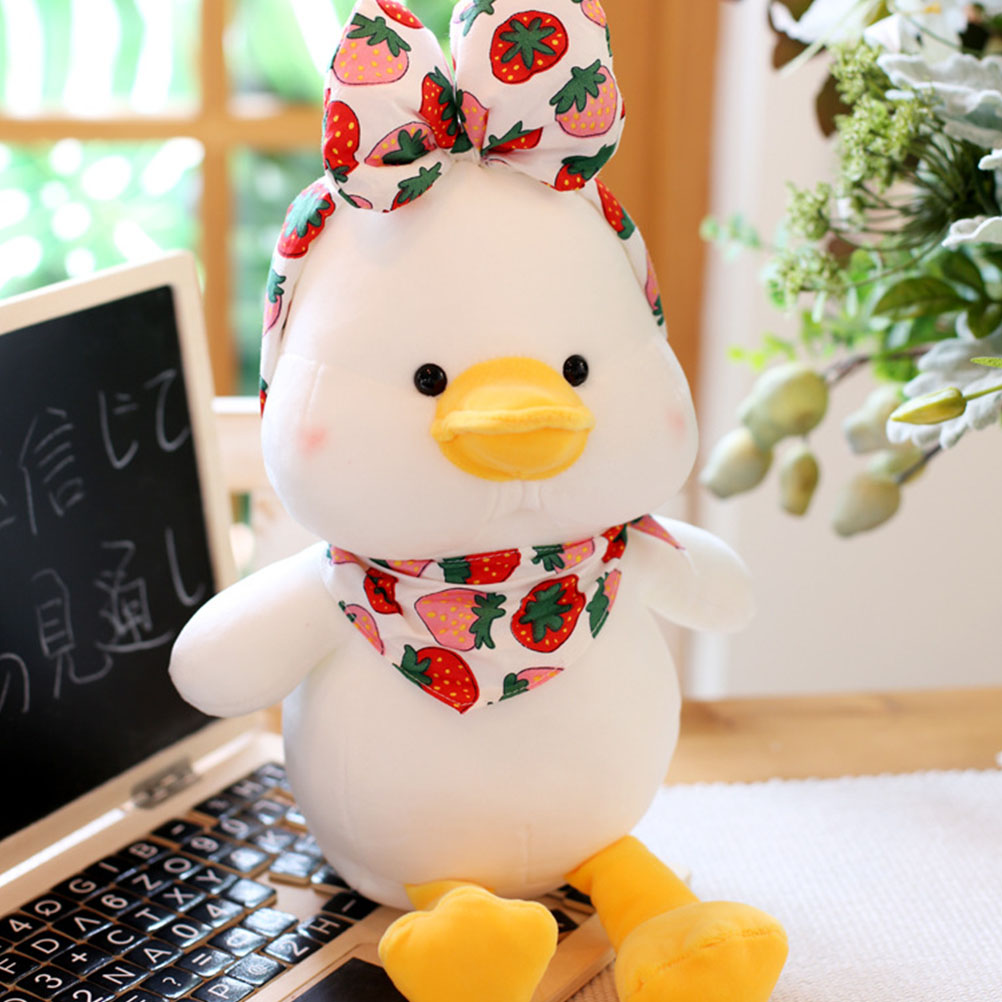 Gấu bông vịt trắng baby đeo khăn, nơ trái cây siêu dễ thương mềm mịn (25cm) vải miniso 4 chiều co giãn êm ái, an toàn cho trẻ nhỏ