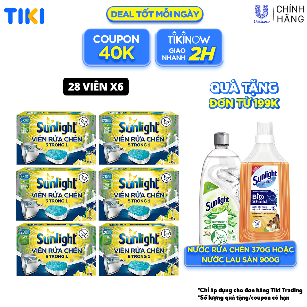 Combo 6 Hộp Viên Rửa Chén Bát Sunlight 5 in 1 Cho máy rửa chén bát Công nghệ PureClean không để lại vêt ố