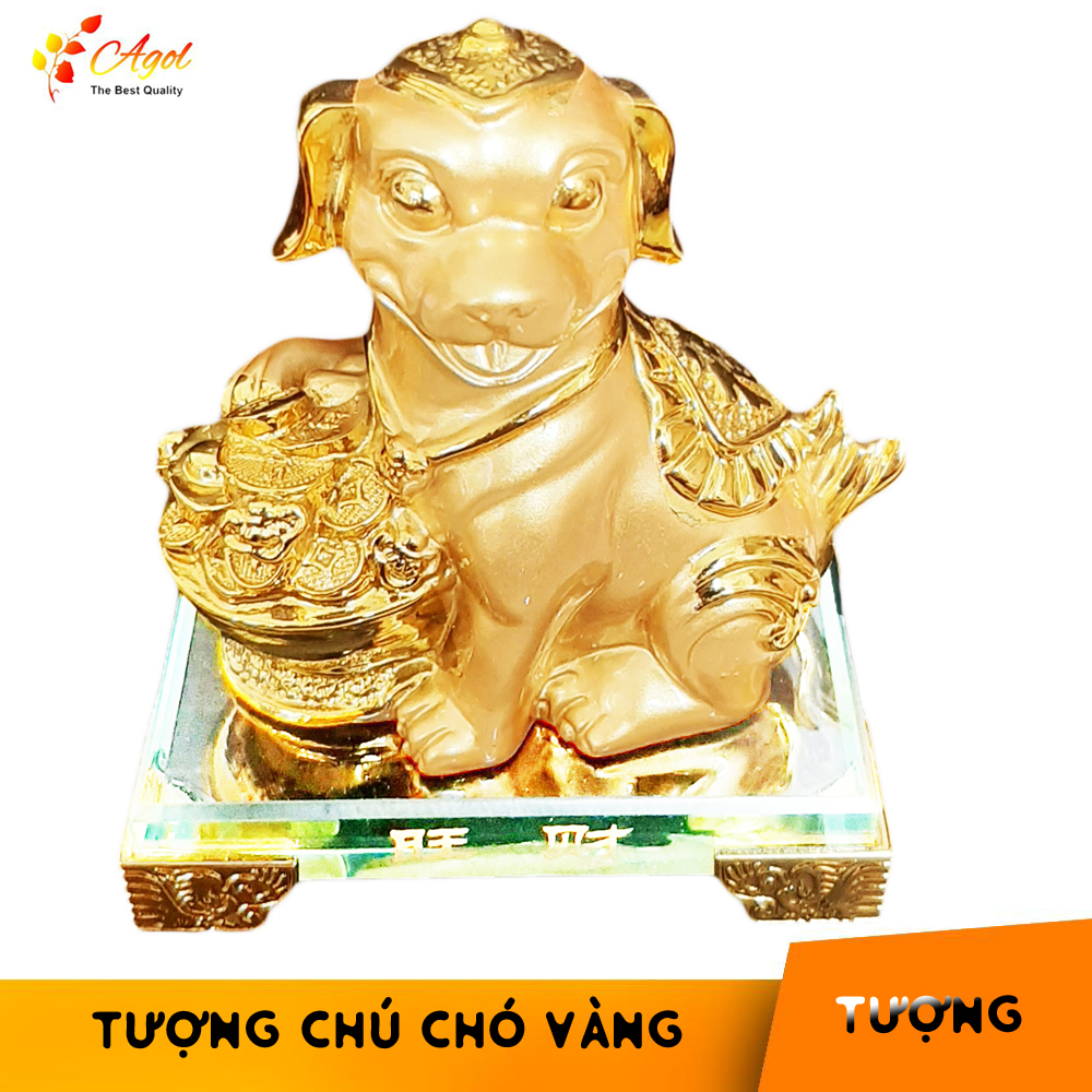 TƯỢNG CHÚ CHÓ VÀNG ĐẾ THỦY TINH CAO CẤP - Linh Khuyển Phú Quý