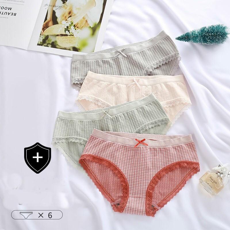 Quần Lót Nữ Cotton Co Giãn 4 Chiều Kẻ Caro Viền Ren Dễ Thương 555