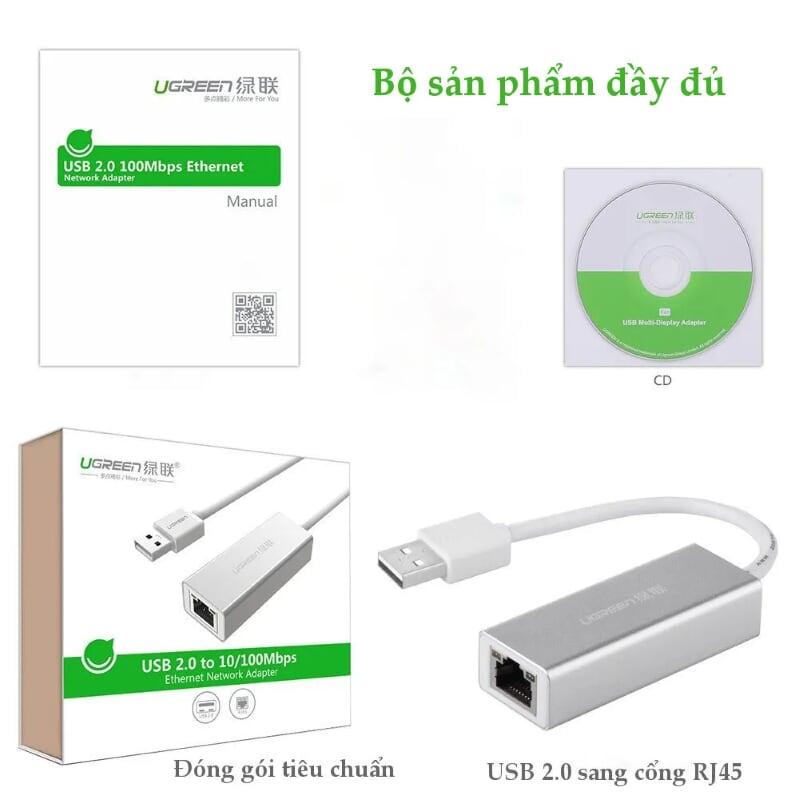 Ugreen UG2025720257TK 15CM màu Bạc Cáp chuyển đổi USB 2.0 sang cổng LAN RJ45 tốc độ 100Mbps vỏ nhôm - HÀNG CHÍNH HÃNG