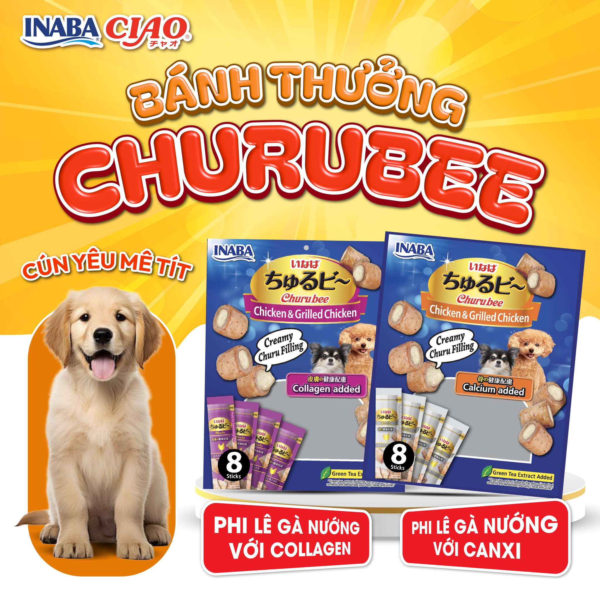 BÁNH THƯỞNG CHO CHÓ INABA CIAO CHURU BEE PHI LÊ GÀ NƯỚNG BỔ SUNG CANXI & COLLAGEN [ TÚI 80G
