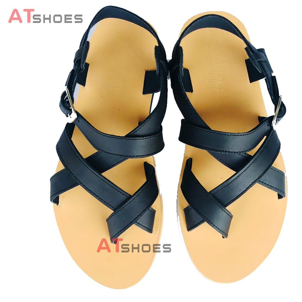 Dép Sandal Unisex cc Da Bò - Sandal xỏ ngón nam nữ kiểu HQ Trẻ Trung Atshoes AT40 (Đen Đế vàng)