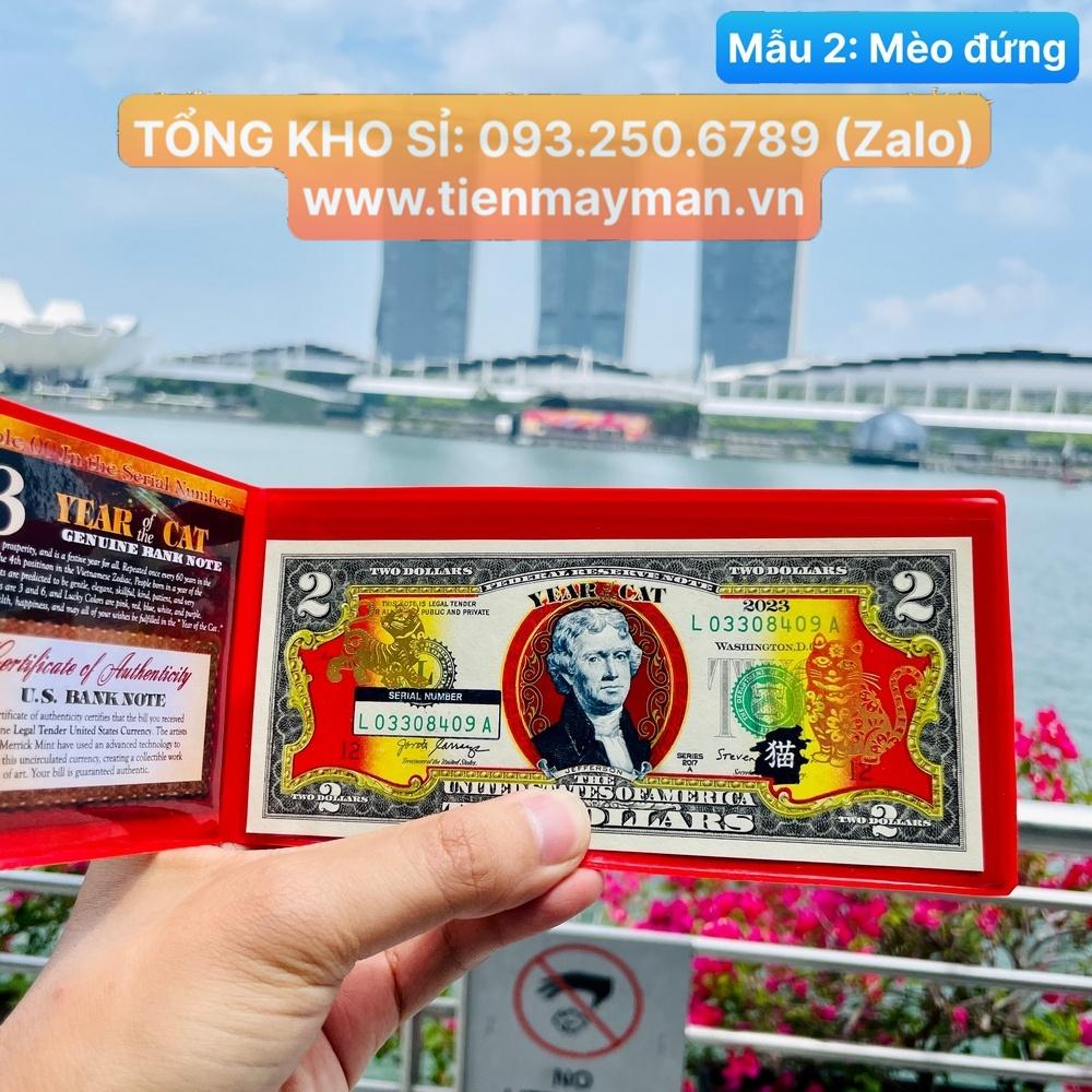 [GIÁ SỈ] Tờ Tiền 2 Đô Hình Con Mèo Vàng 2023 Lì Xì Tết May Mắn Tài Lộc, Cát Tường, kèm bao da đỏ [MÈO ĐỨNG] - NELI