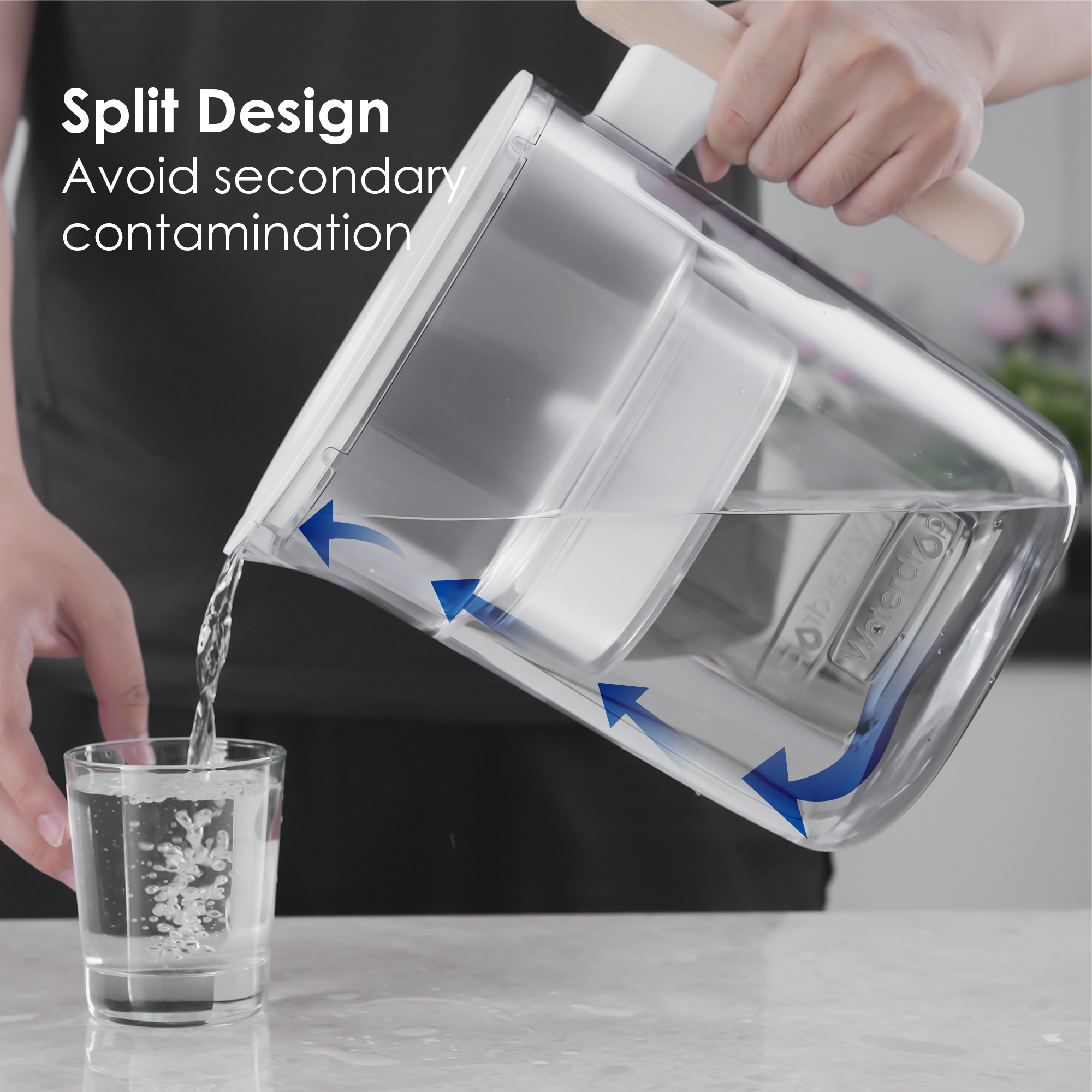 Bình lọc nước 4.4L WD-PT-04C Waterdrop Chubby Pitcher có tay cầm bằng gỗ