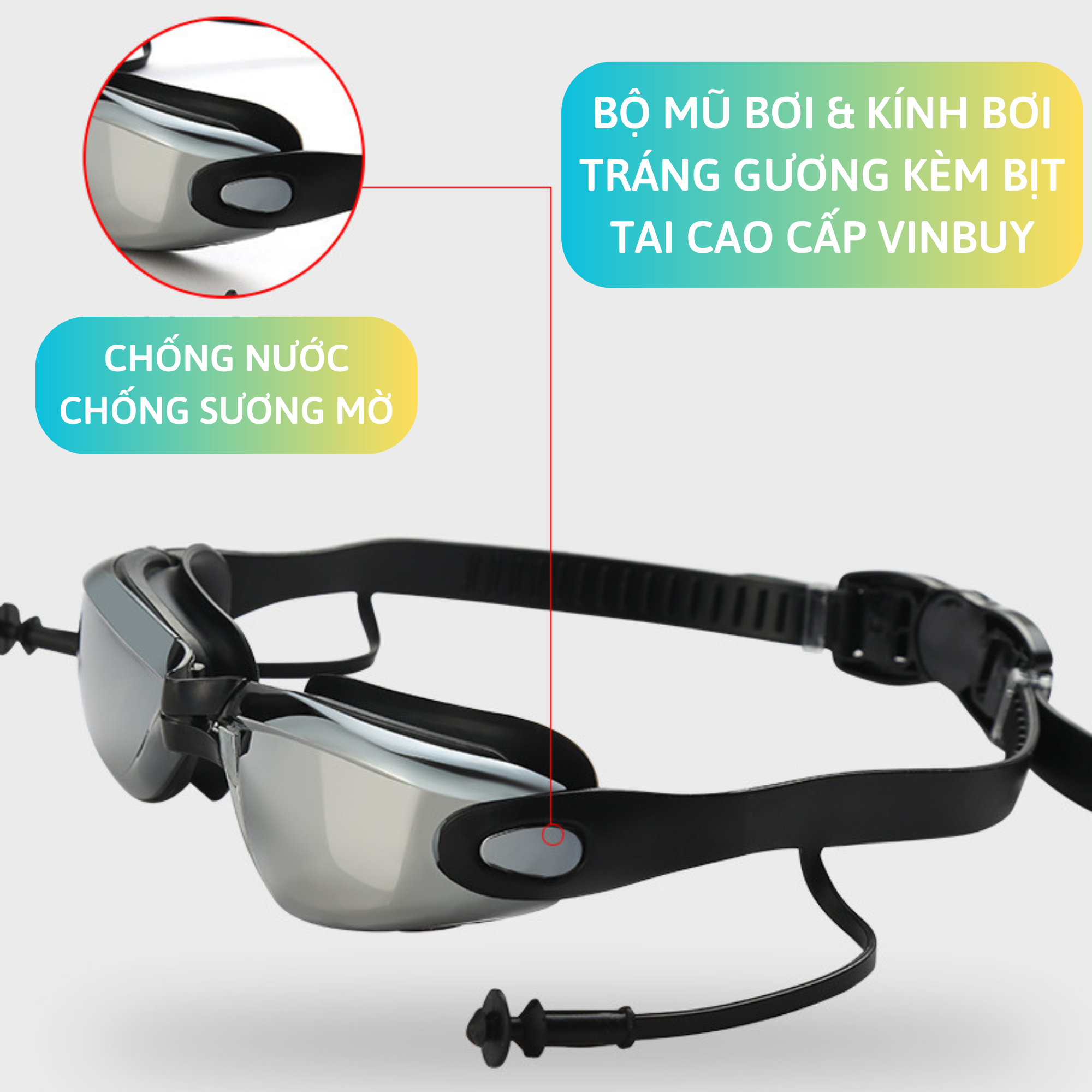 Kính Bơi Tráng Gương kèm bịt tai cao cấp VinBuy chống sương mù, chống tia UV Hàng chính hãng - Tặng kèm nón bơi Silicon