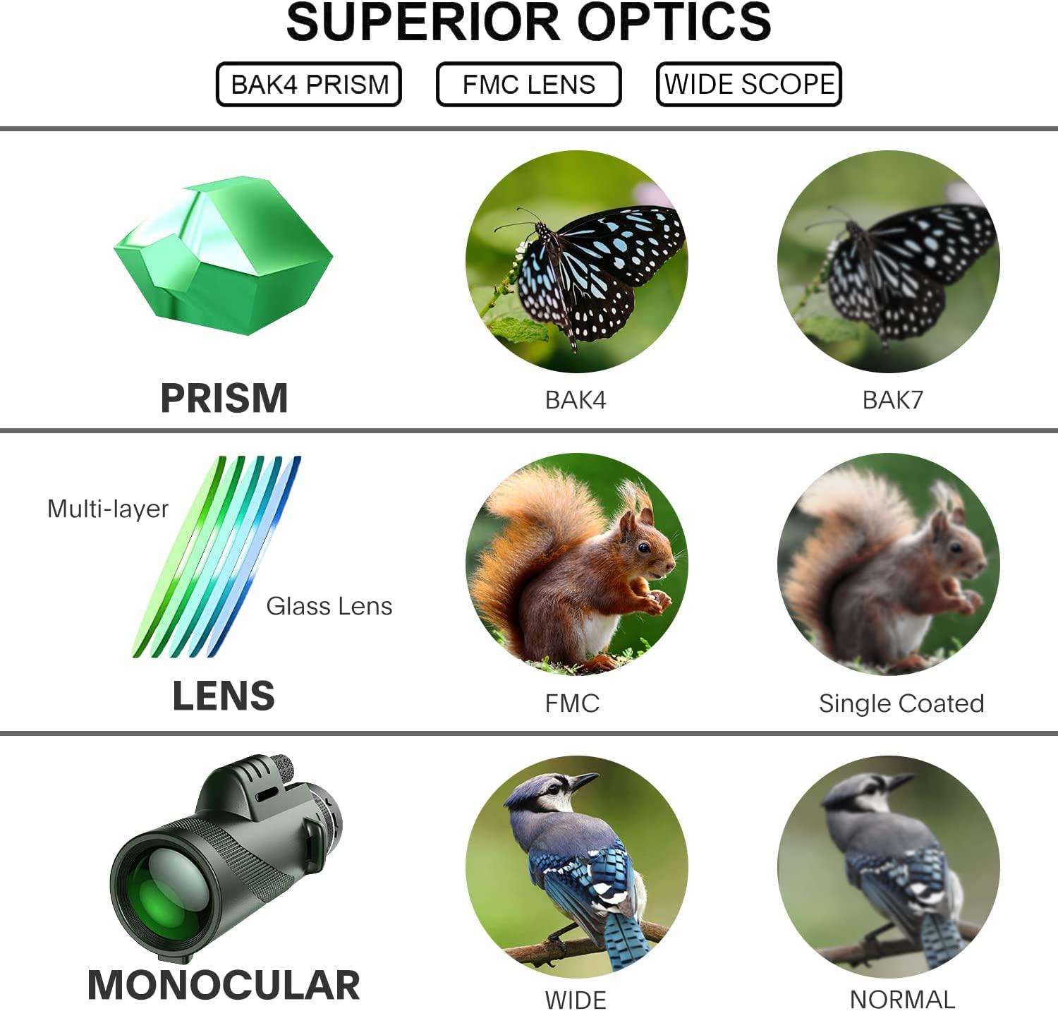 Một mắt 80x100 với Kẹp điện thoại và Chân máy, Ống nhòm Birding cho Người lớn và Trẻ em