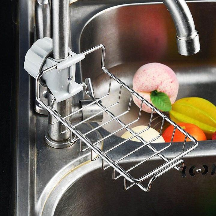 Kệ inox gắn vòi nước đa năng, giá để giẻ rửa bát dụng cụ nhà bếp tiện ích