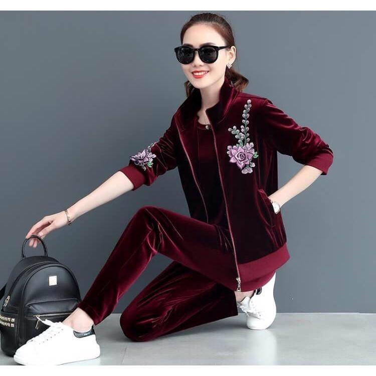 Set Đồ Bộ Thu Đông Thêu Hoa - Chất liệu : Nhung cao cấp - Màu sắc : Đen, Đỏ đô - Kích cỡ : M, L, XL, XXL
