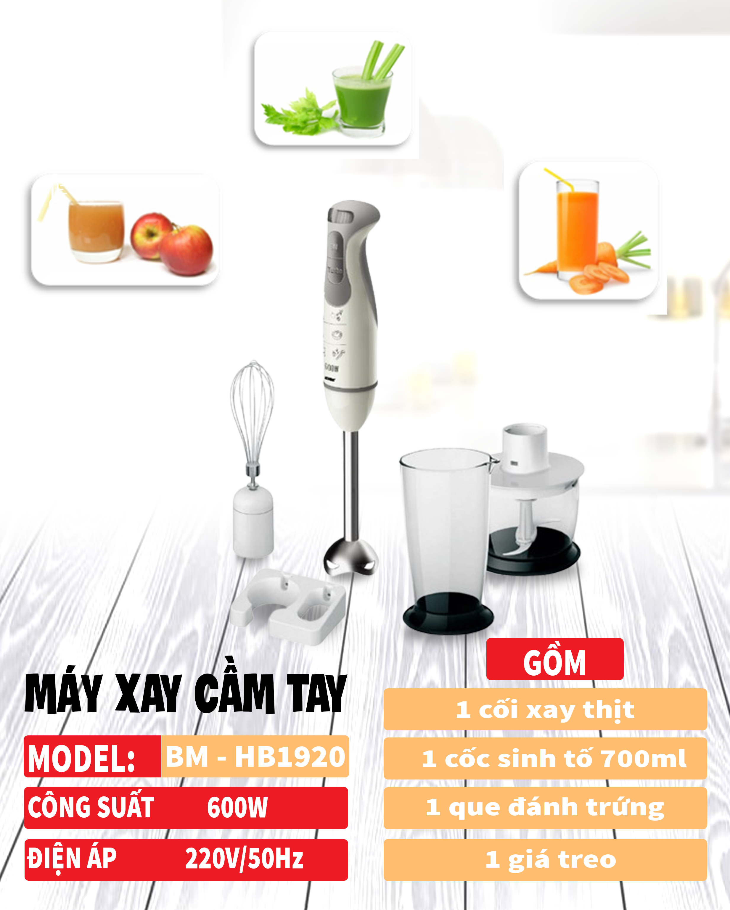 Hình ảnh Máy Xay Sinh Tố Cầm Tay Đánh Trứng Xay Thịt HB1920 - Hàng Chính Hãng